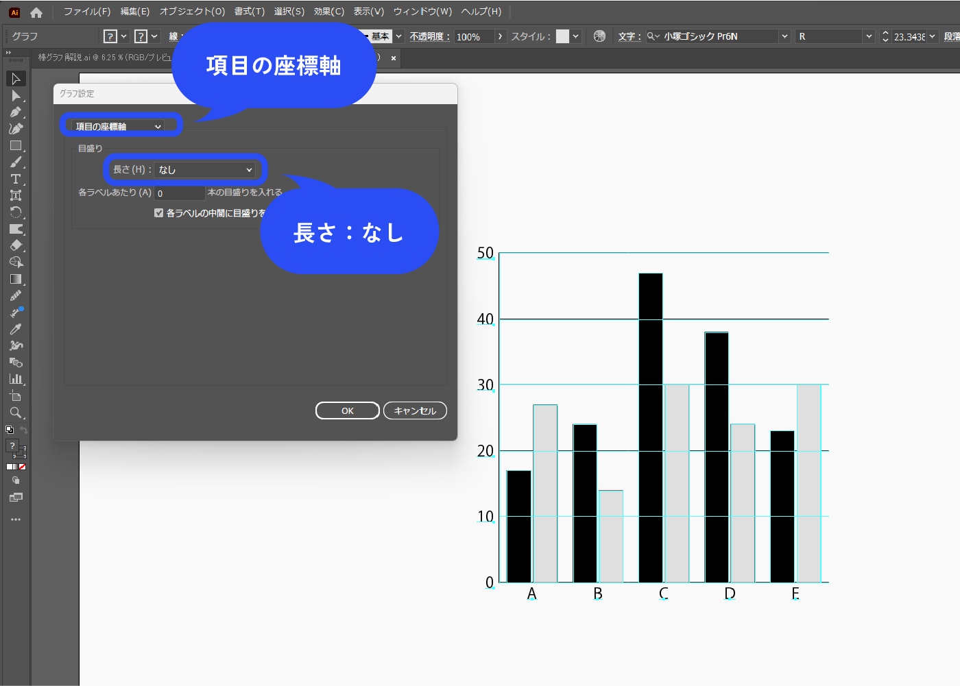 メニューバー→[オブジェクト]→[グラフ]→[設定]を選択します。 ウィンドウが開くので、左上を「項目の座標軸」にして、目盛りの長さをなしにします。 次は左上を「数値の座標軸」にして、目盛りの長さを反対の端まで延ばすにします。