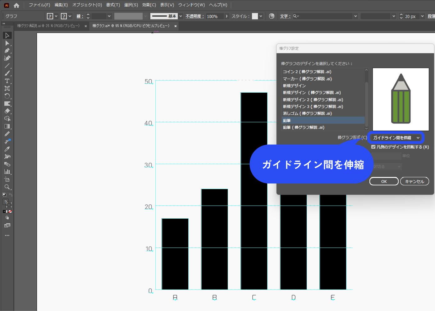 棒グラフ形式：ガイドライン間を伸縮にします。